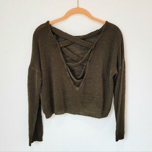 Forever 21 Dark Olive Green Cropped Sweater V-Back Small